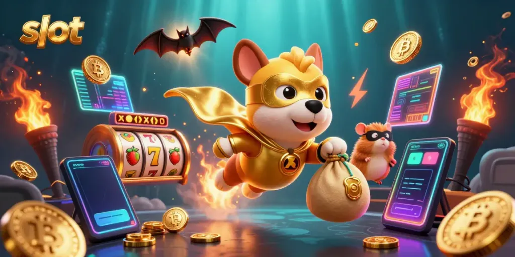 Experience thrilling slot action with a superhero dog and hamster in a vibrant casino scene.