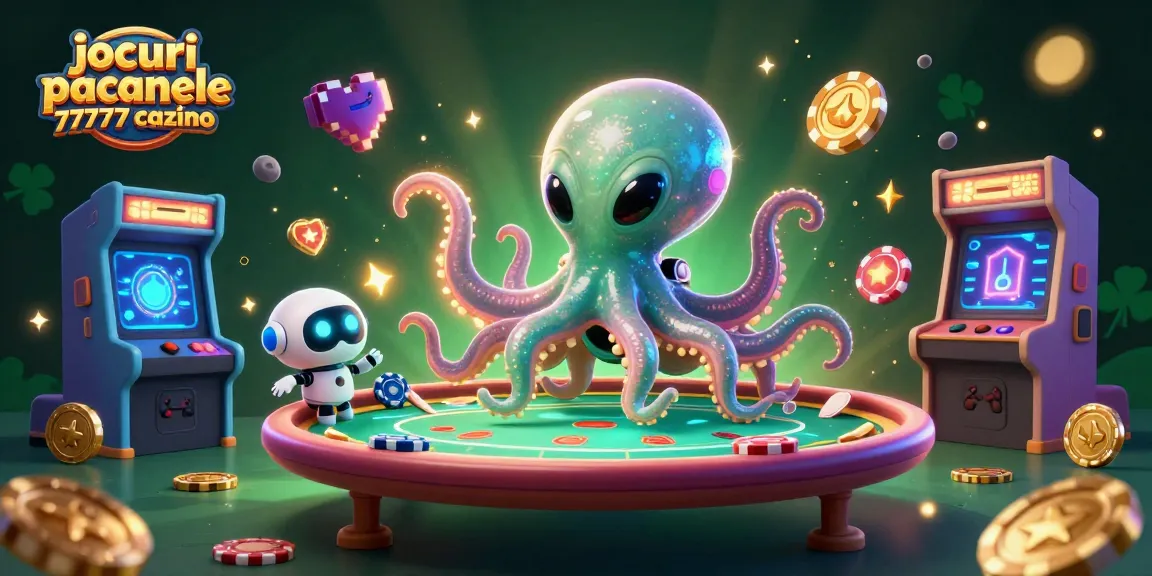 Jocuri pacanele 77777 cazino, o ilustrație plină de energie cu un caracatiță extraterestru și un robot, la o masă de poker holografic.