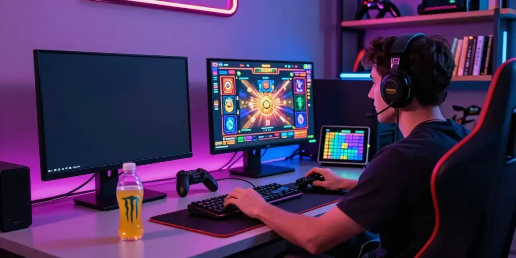Dynamic online gaming scene showcasing akunjp with vibrant setup and energetic ambiance.