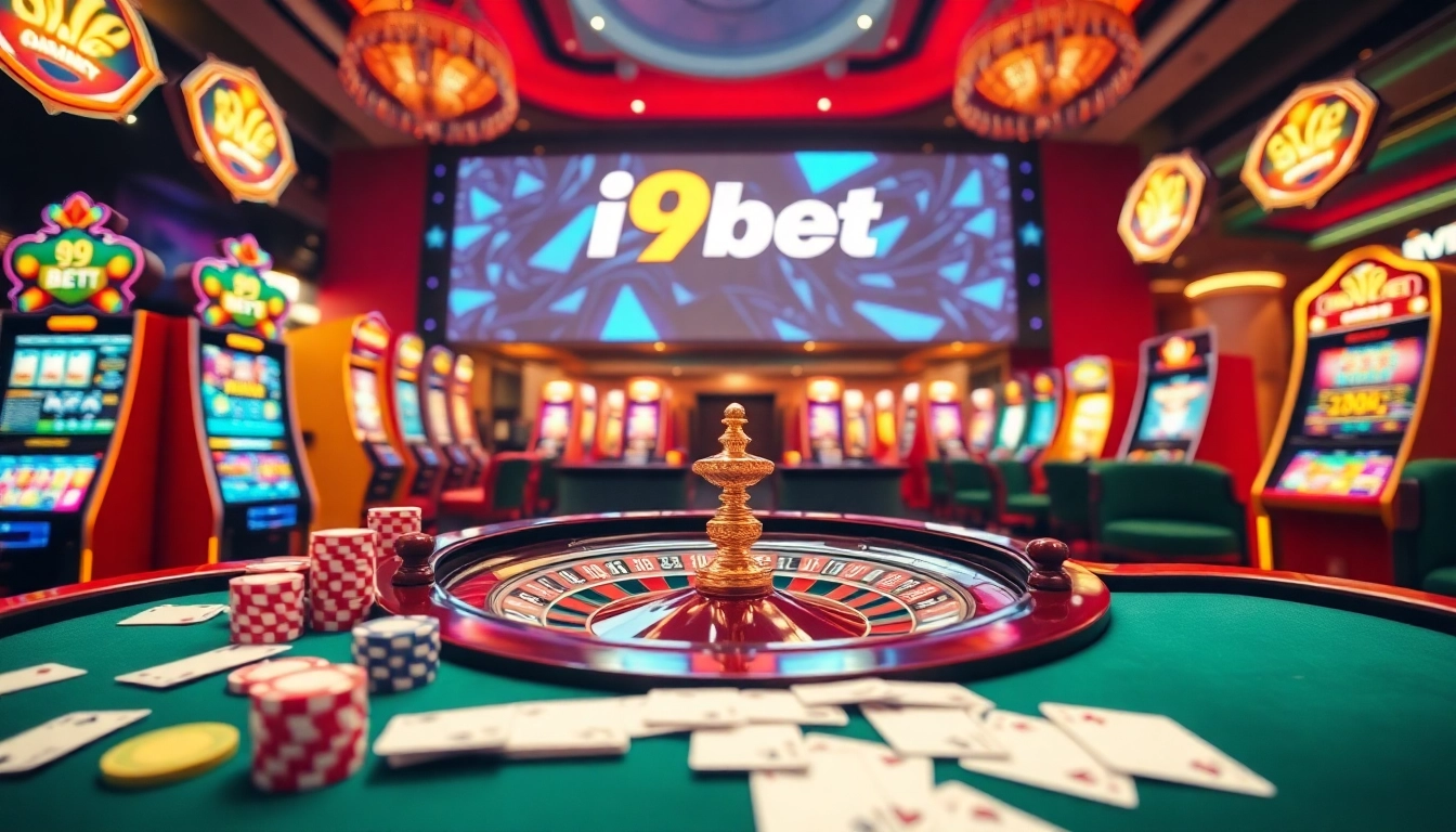 Exciting gaming atmosphere with i9bet logo, vibrant slot machines, and poker tables filled with action.