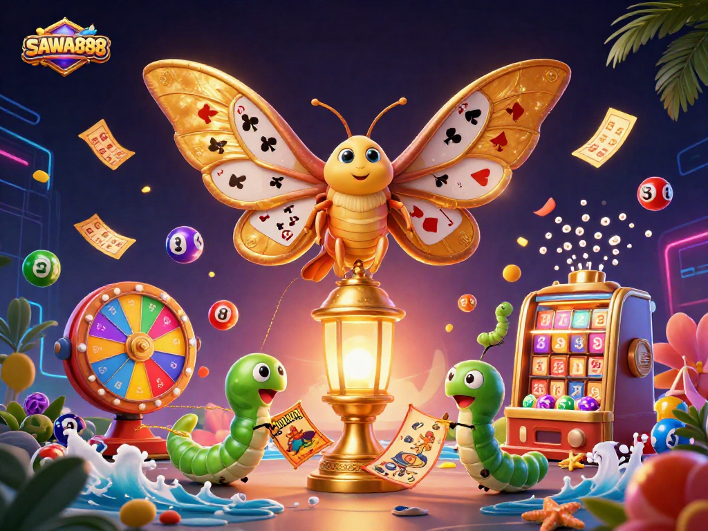 Feel the excitement with SAWA888 as vibrant lottery balls and casino themes come to life in this stunning illustration.