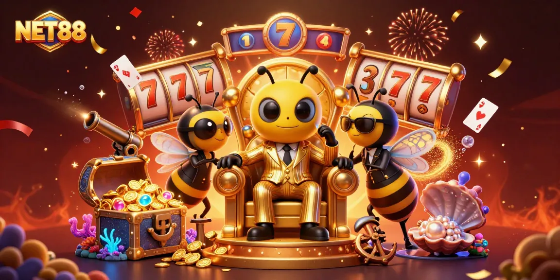 Experience vibrant gameplay with NET88 featuring a cartoon casino scene filled with slot machines and treasures.