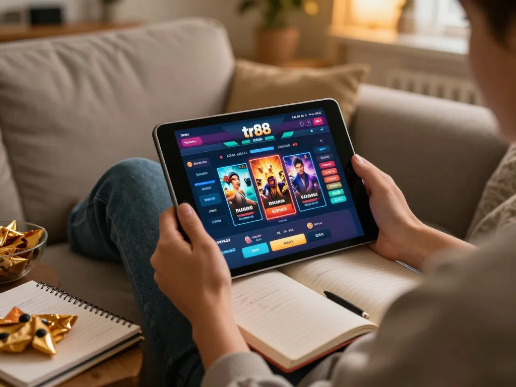 Engaging with tr88 online casino app on tablet while enjoying a relaxing home atmosphere