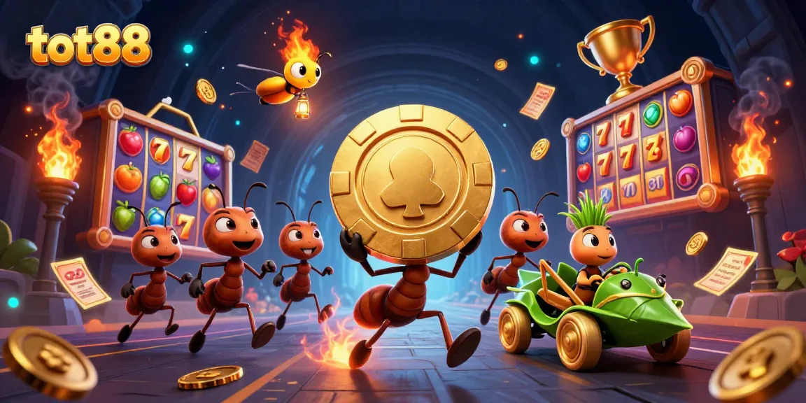 tot88 showcases a dynamic scene of ants heisting a giant poker chip amidst vibrant slot elements.