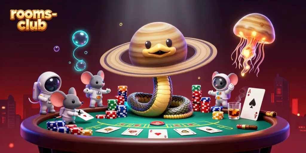 Permainan kasino di rooms-club dengan karakter kartun 3D yang menarik dan elemen permainan slot yang menyeronokkan.