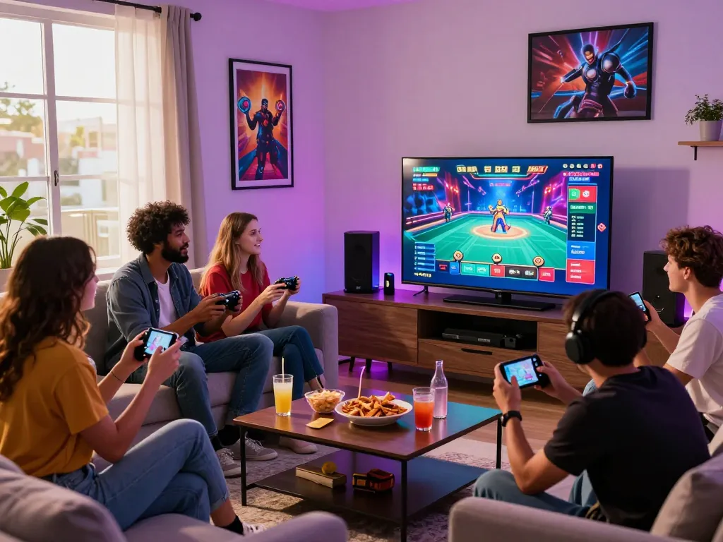 Engaging friends enjoying af88 Trang chủ gaming experience in a lively living room.