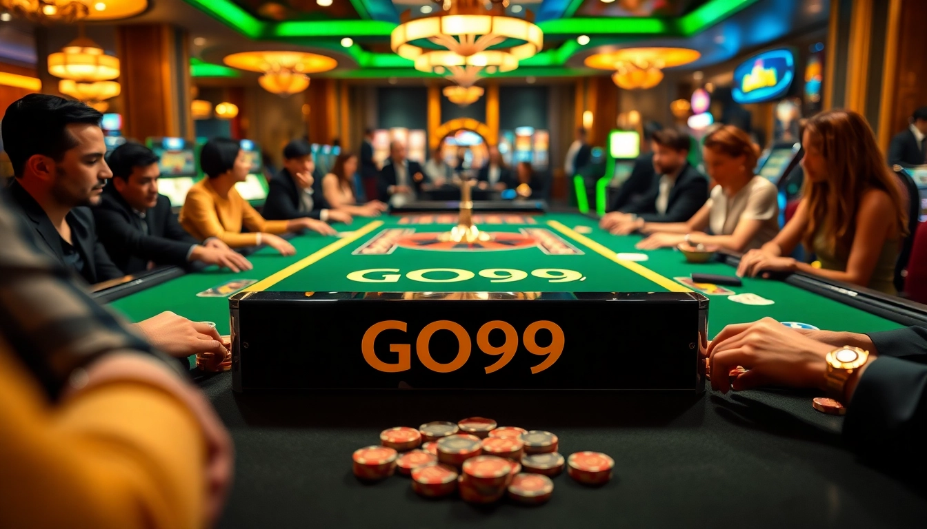 Players enjoying energetic Go 99 casino gaming at a luxurious table with colorful chips and a roulette wheel.