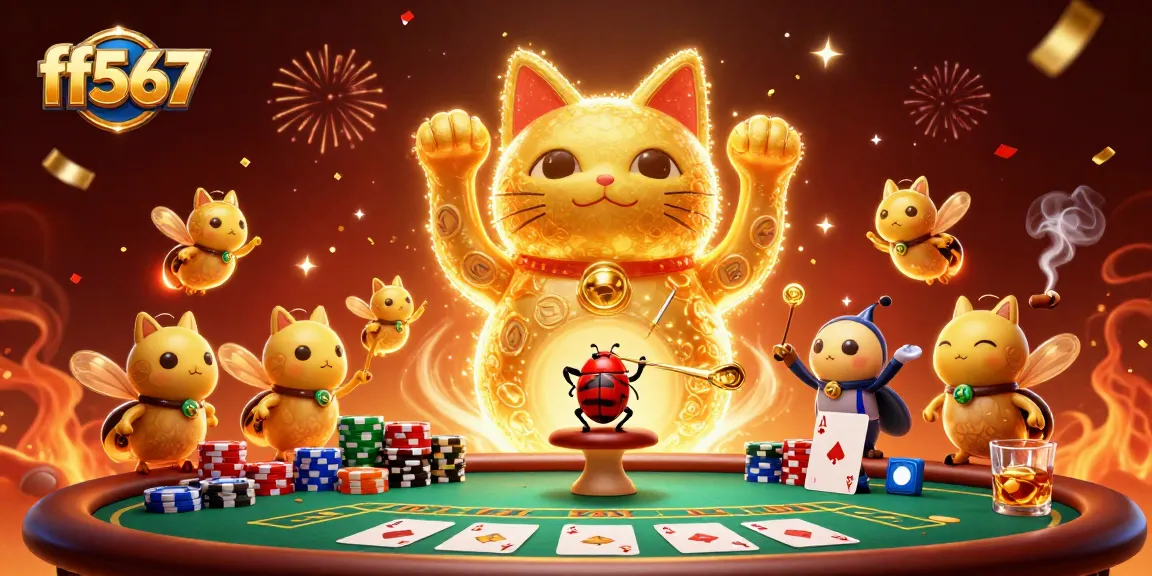 ff567 apresenta uma ilustração colorida de um gato da sorte em um ambiente de cassino, capturando a emoção das apostas.