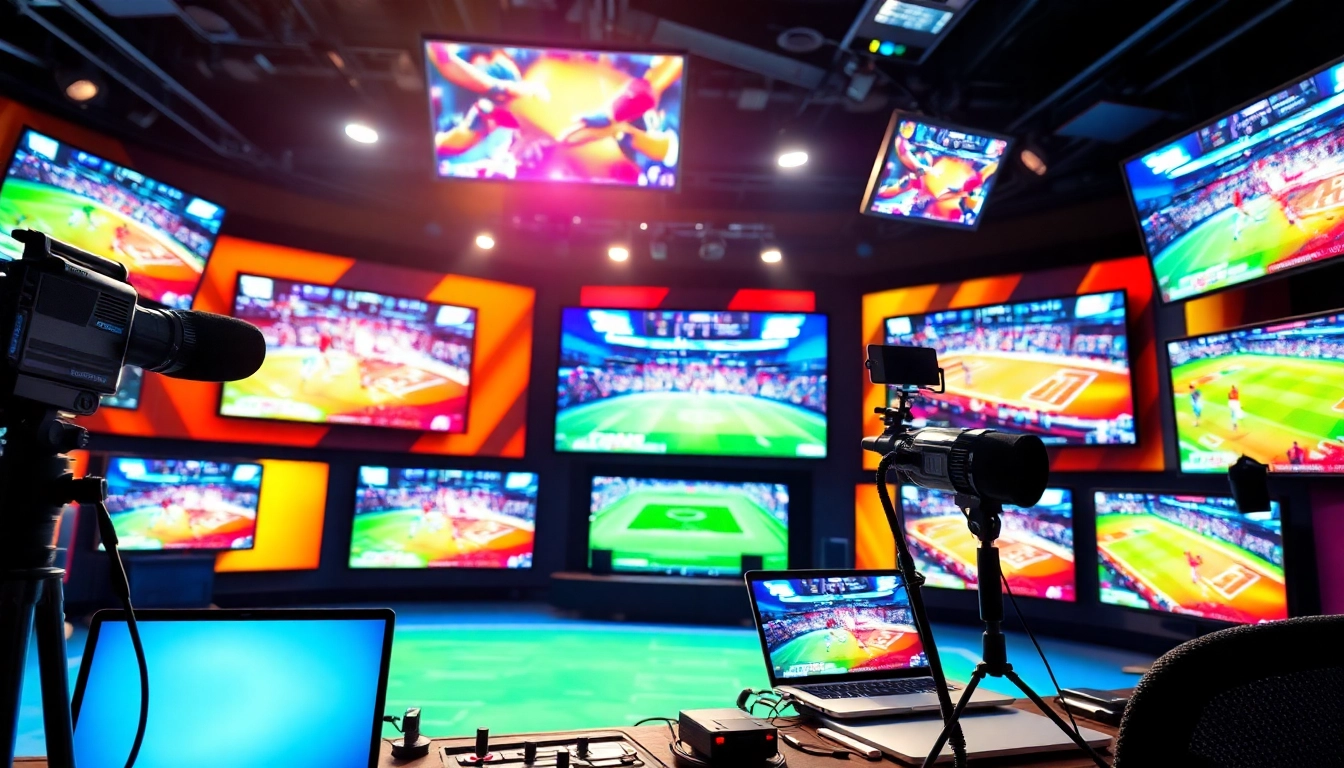 Capture the essence of Sports Broadcasting with a dynamic studio scene filled with vibrant screens.