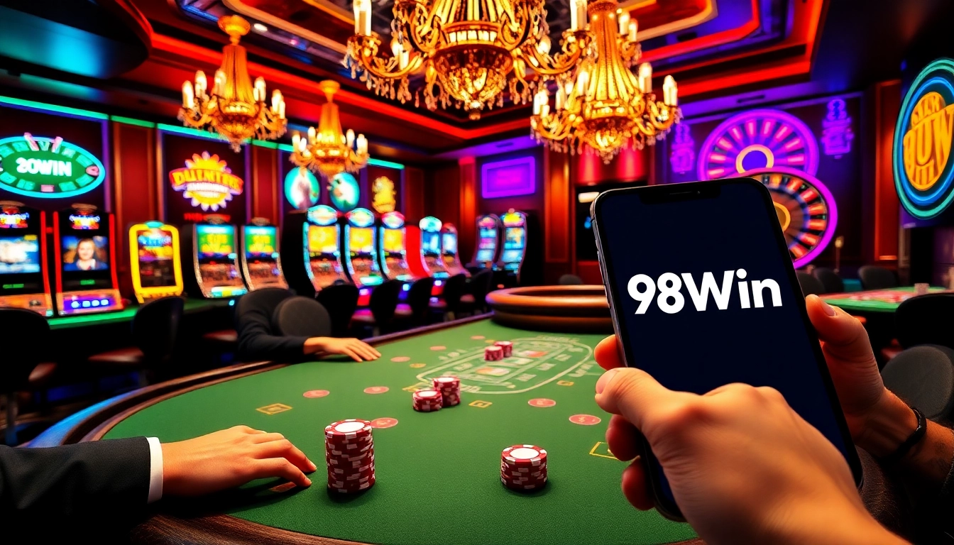 Engaged players at a 98Win poker table enjoying an exhilarating casino experience with vibrant colors.