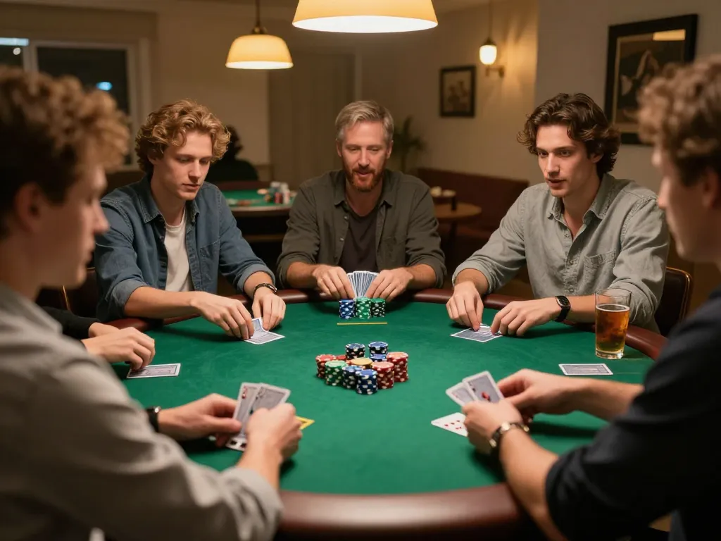 KP88 players enjoying a friendly poker game night with chips and cards on the table