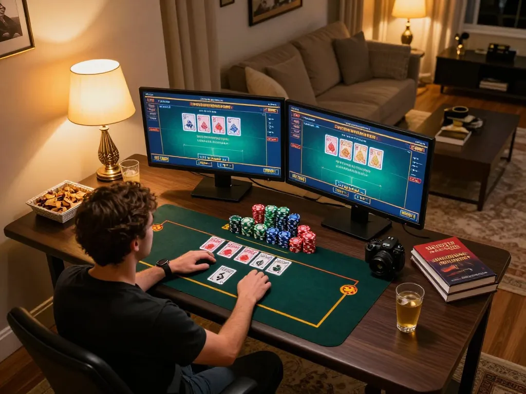 Player engaging with a reputable online casino, experiencing responsible gambling at home in a stylish setting.