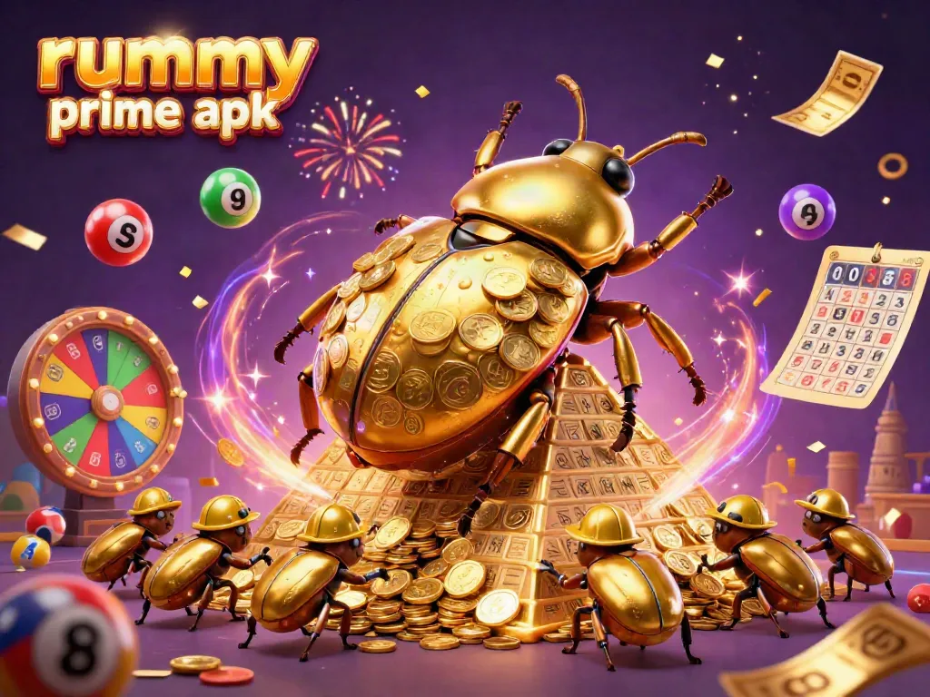 Witness the excitement of rummy prime apk with golden beetles, casino symbols, and dynamic gaming elements.