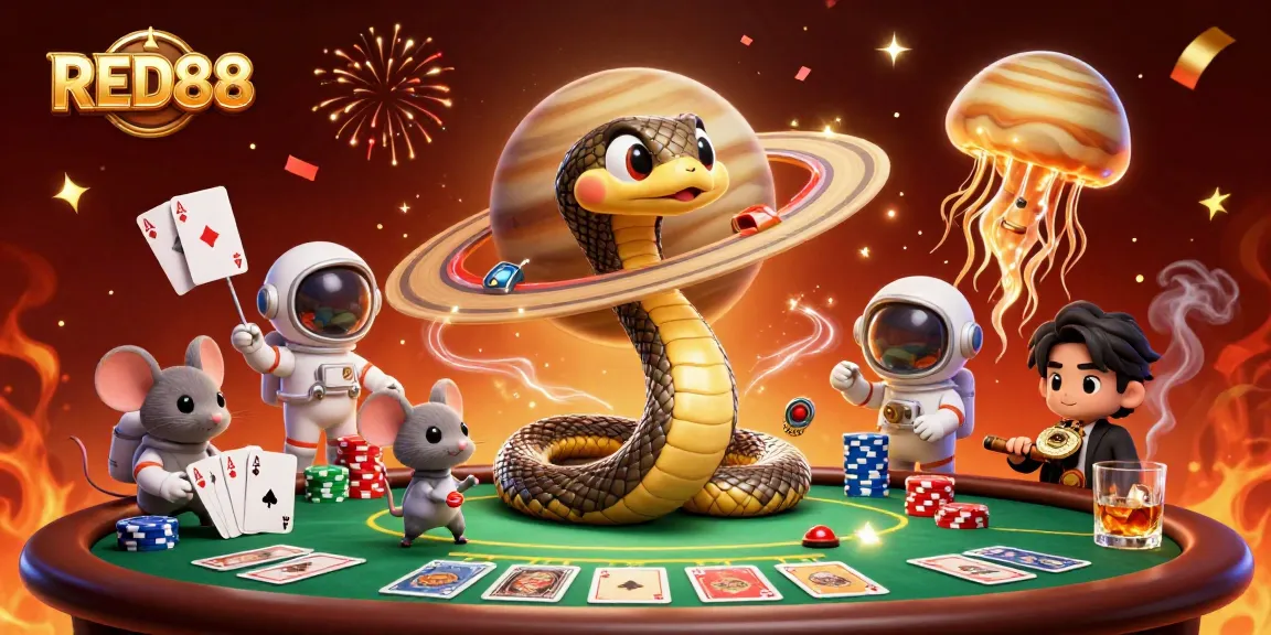 Engage in vibrant RED88 casino action with cosmic characters and festive gaming atmosphere.