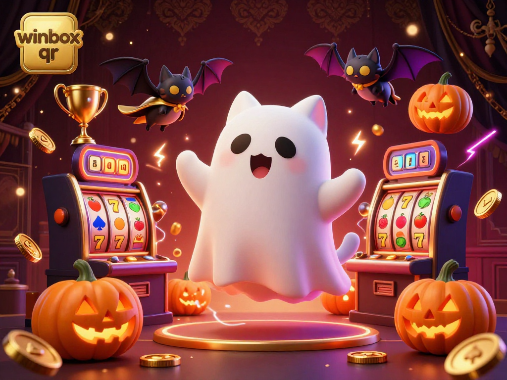 Winbox qr animated scene featuring a ghost cat and vampire bat in a haunted casino, surrounded by slot elements.