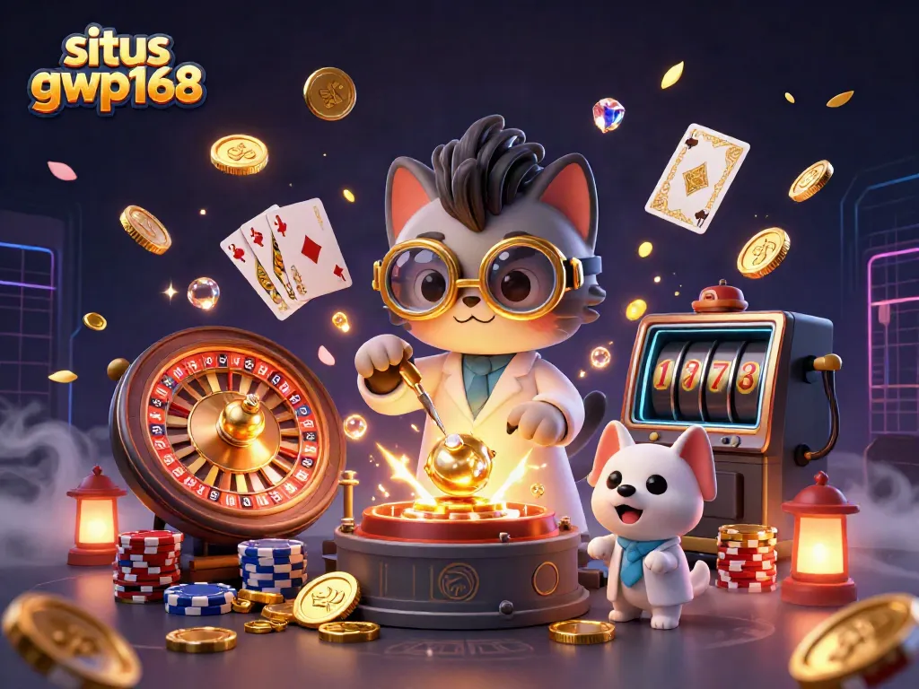 Mengungkap keseruan situs gwp168 dengan ilustrasi ilmuwan kucing dan anjing, dikelilingi koin emas dan permainan kartu.