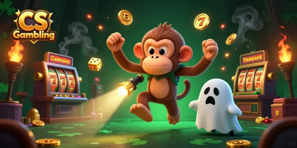 Fun and engaging CS Gambling scene with a playful monkey and puppy in a haunted casino.