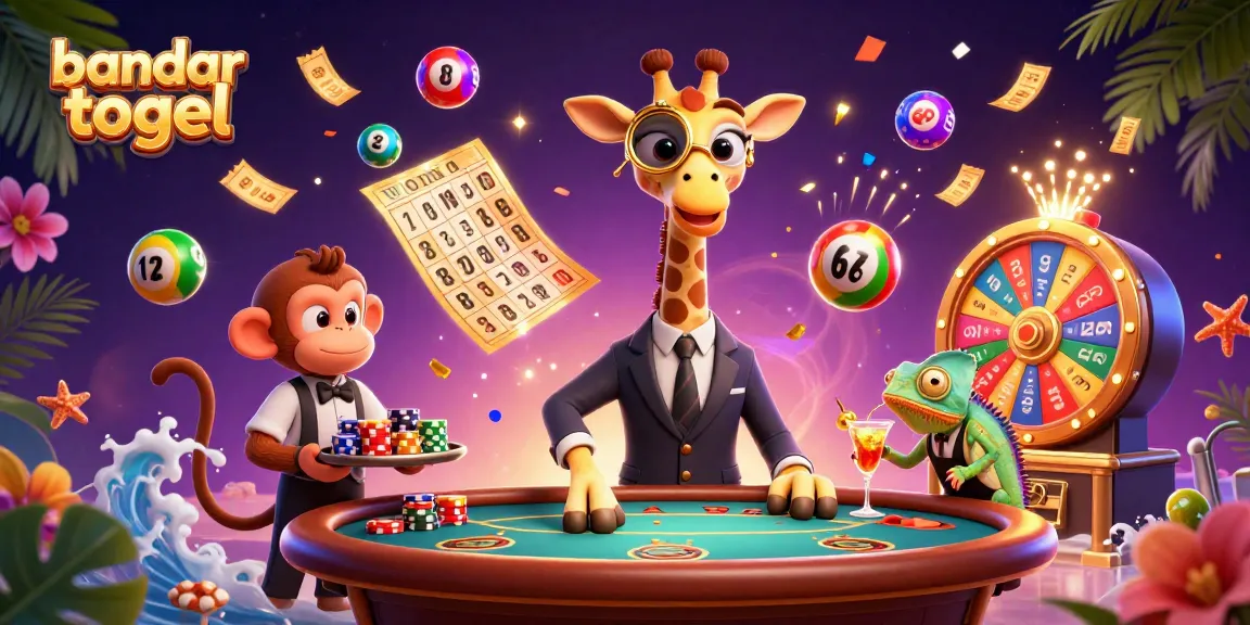 Engage with bandar togel through a vibrant 3D casino scene featuring a giraffe, monkey valet, and chameleon bartender.