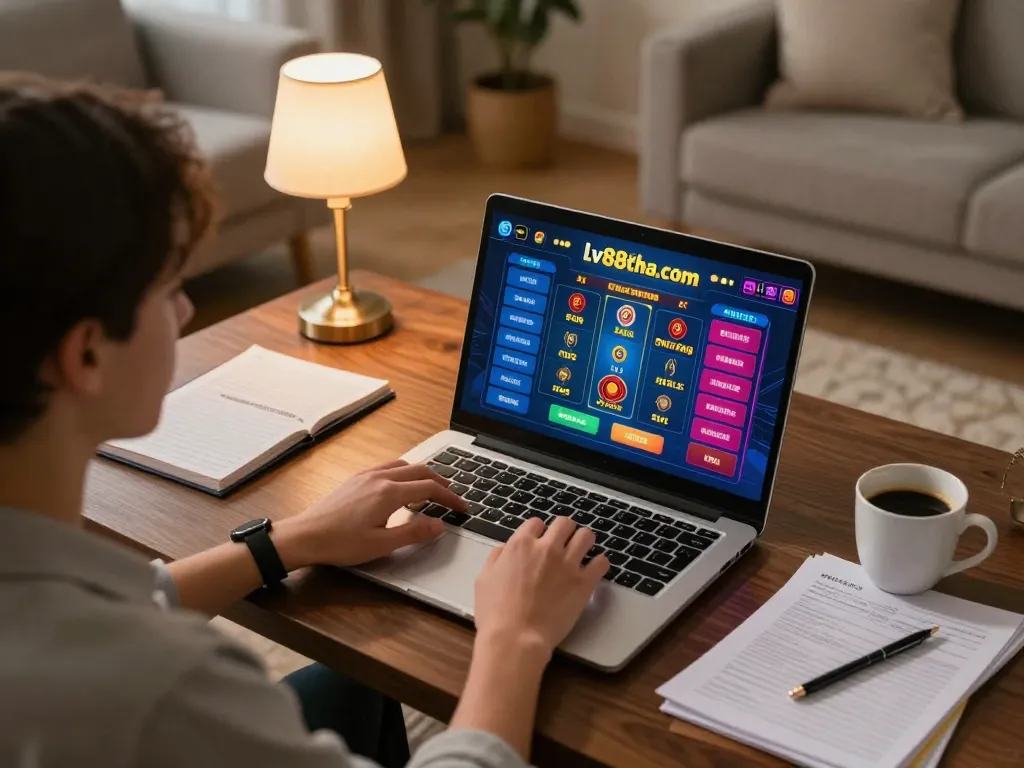 Player engaging with lv88cha.com online casino game in a cozy home setting with strategy notes.