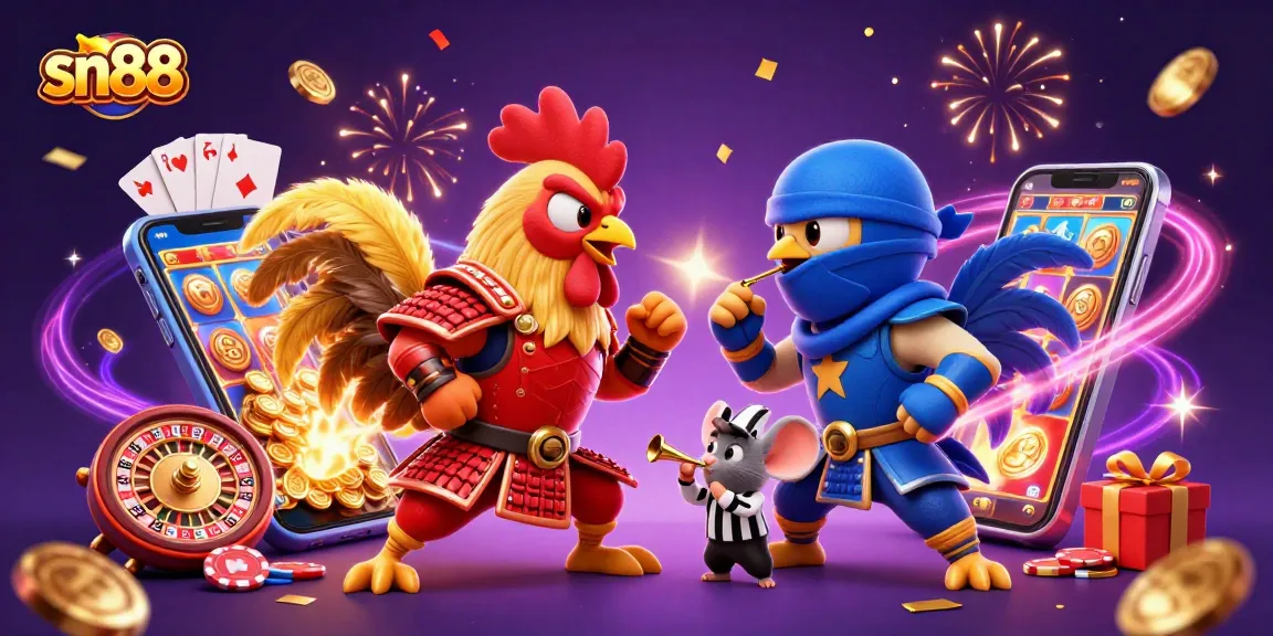 Experience thrilling gaming with sn88's unique fighting roosters amidst dazzling casino elements in this vibrant illustration.