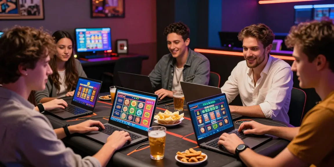 Friends enjoying interactive gaming at new UK casino sites online, with vibrant atmosphere and lively expressions.