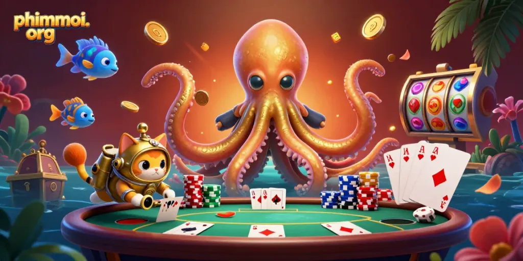Experience thrilling poker excitement with phimmoi. org's dynamic kraken illustration featuring poker chips and jackpot symbols.