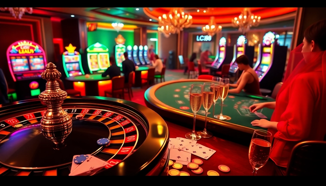 Players strategizing at the LC88 casino table, showcasing vibrant poker chips and a roulette wheel for an immersive gambling experience.