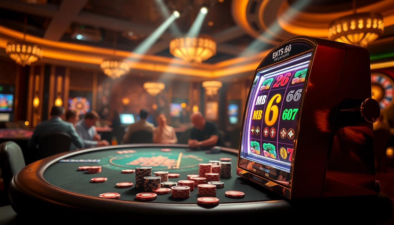 High-stakes gambling scene showcasing MB66 poker action with colorful chips and bright slot machines.