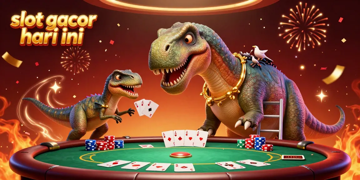 Experience excitement with slot gacor hari ini as a brontosaurus enjoys a lively poker game, with vibrant casino elements surrounding.