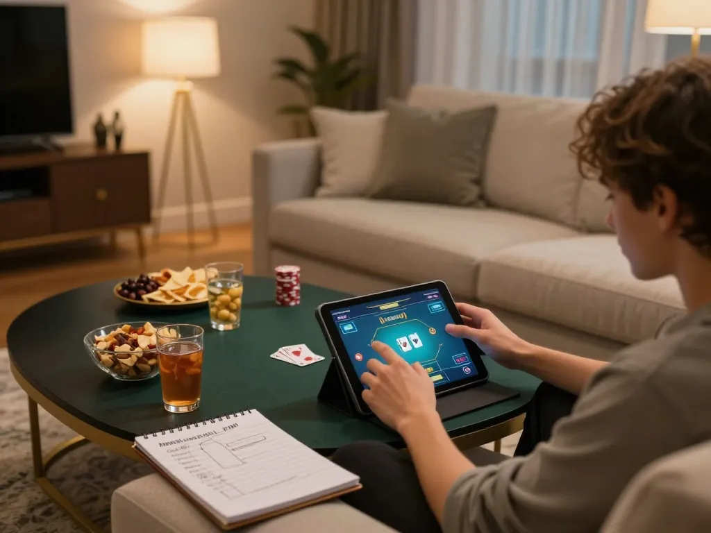 Kuwin player enjoying an online poker game on tablet in a cozy living room