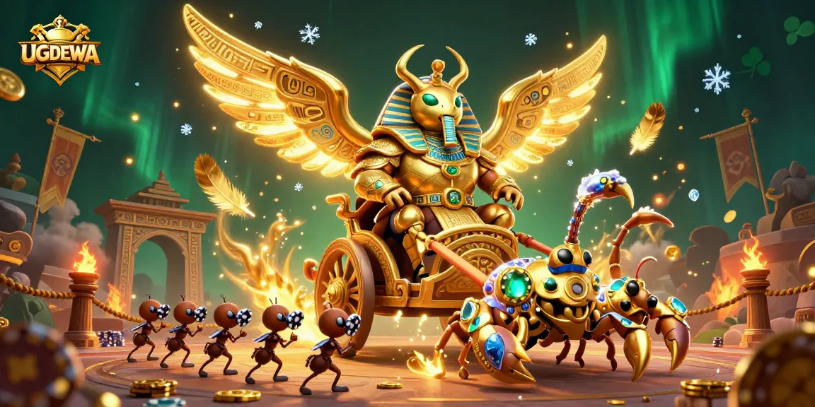 Play thrilling games at UGDEWA with colossal golden beetles and poker chips in action.