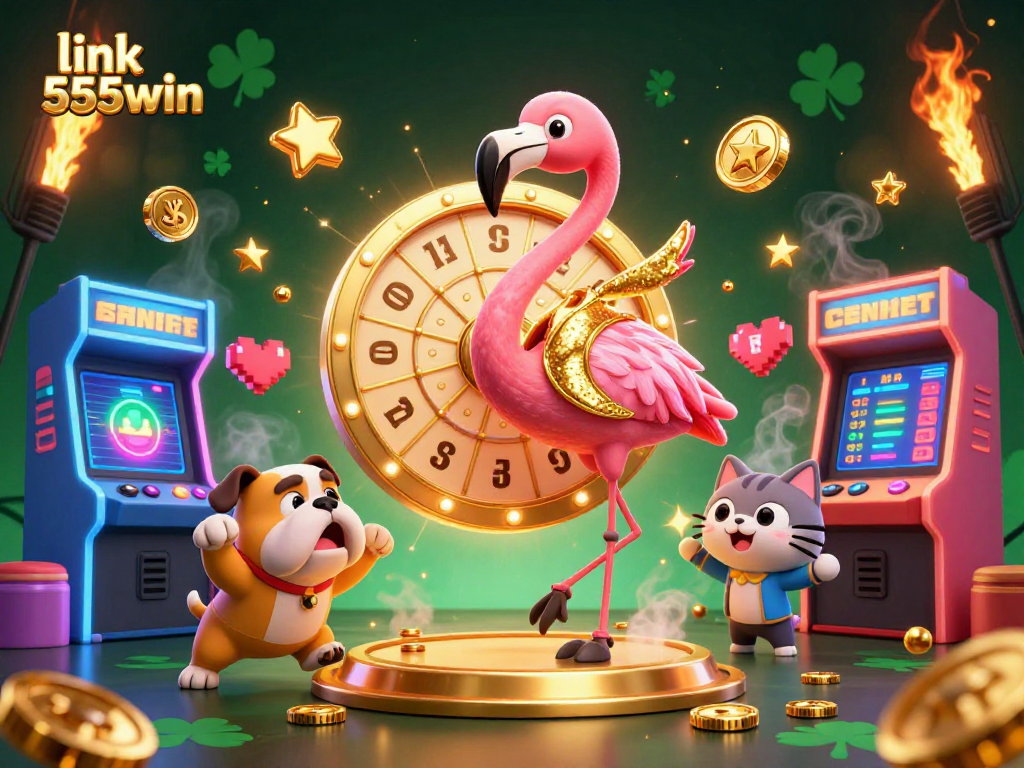 Experience the thrill of gaming with link 555win as a lively bulldog contestant joins a flamingo host spinning the grand prize wheel.