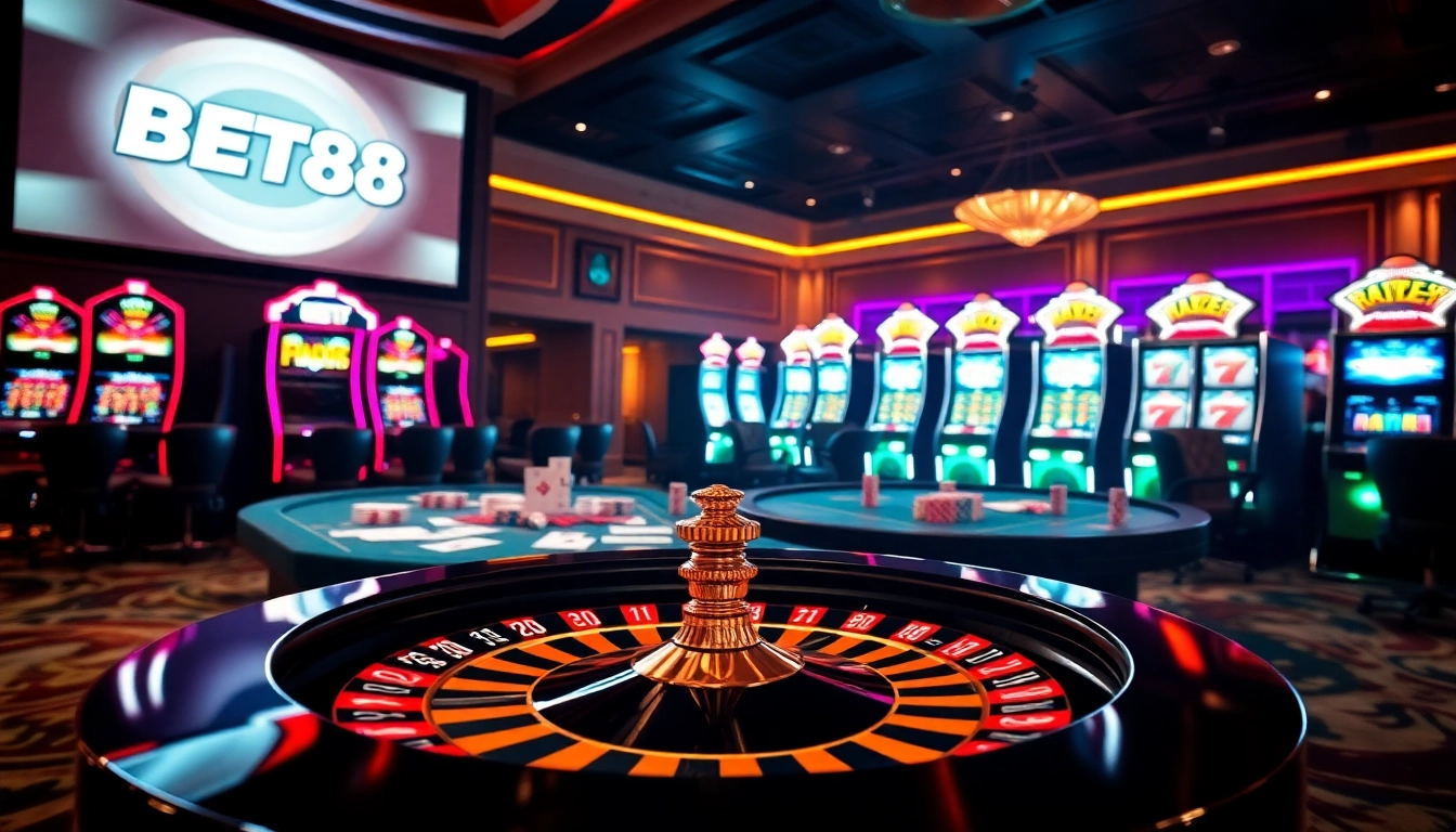 Experience the thrill of gambling at BET88 with a vibrant casino scene featuring roulette, cards, and slot machines.