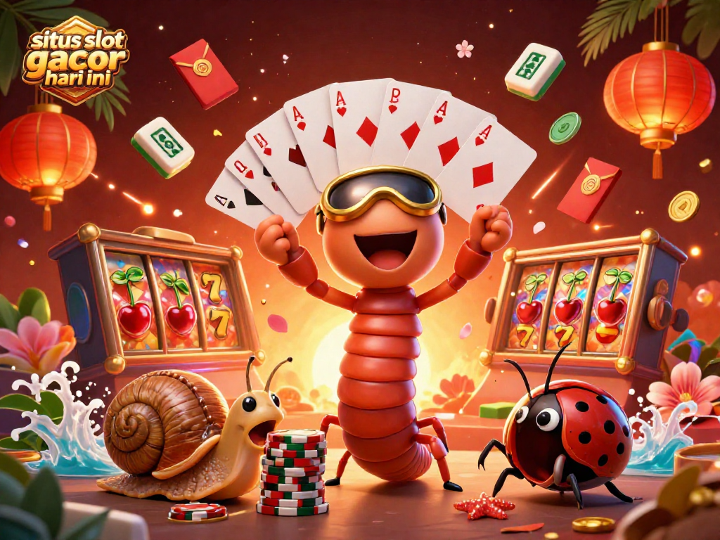 Engage with the situs slot gacor hari ini featuring a dynamic millipede dealer, festive symbols, and playful casino elements.