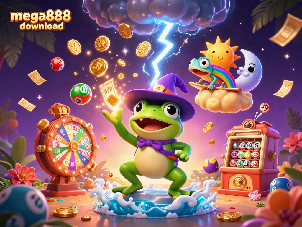 Exciting mega888 download showcasing a 3D wizard frog and chameleon in a vibrant casino scene.