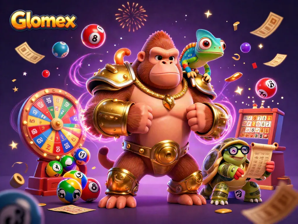 Experience Glomex with powerful winning strategies illustrated in a vibrant, dynamic casino scene.