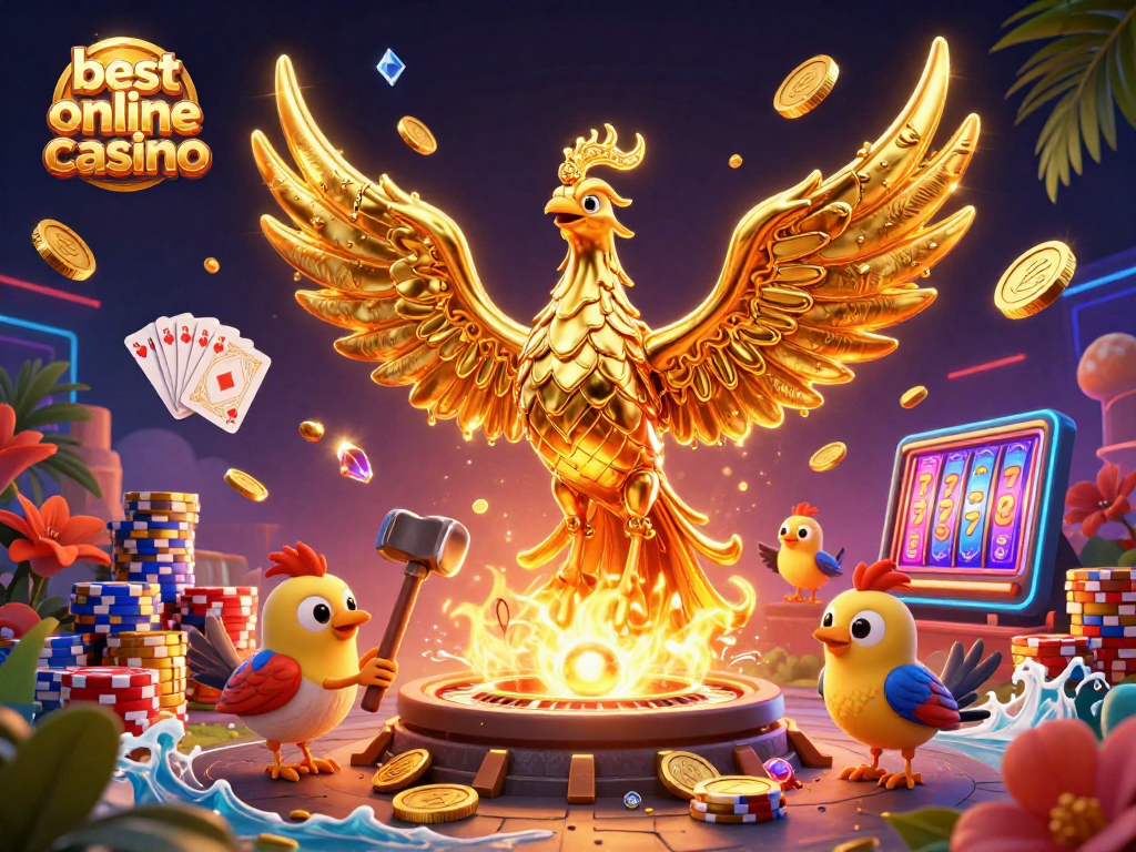 Play at the best online casino with exciting 3D visuals of jackpots, poker chips, and winning moments.