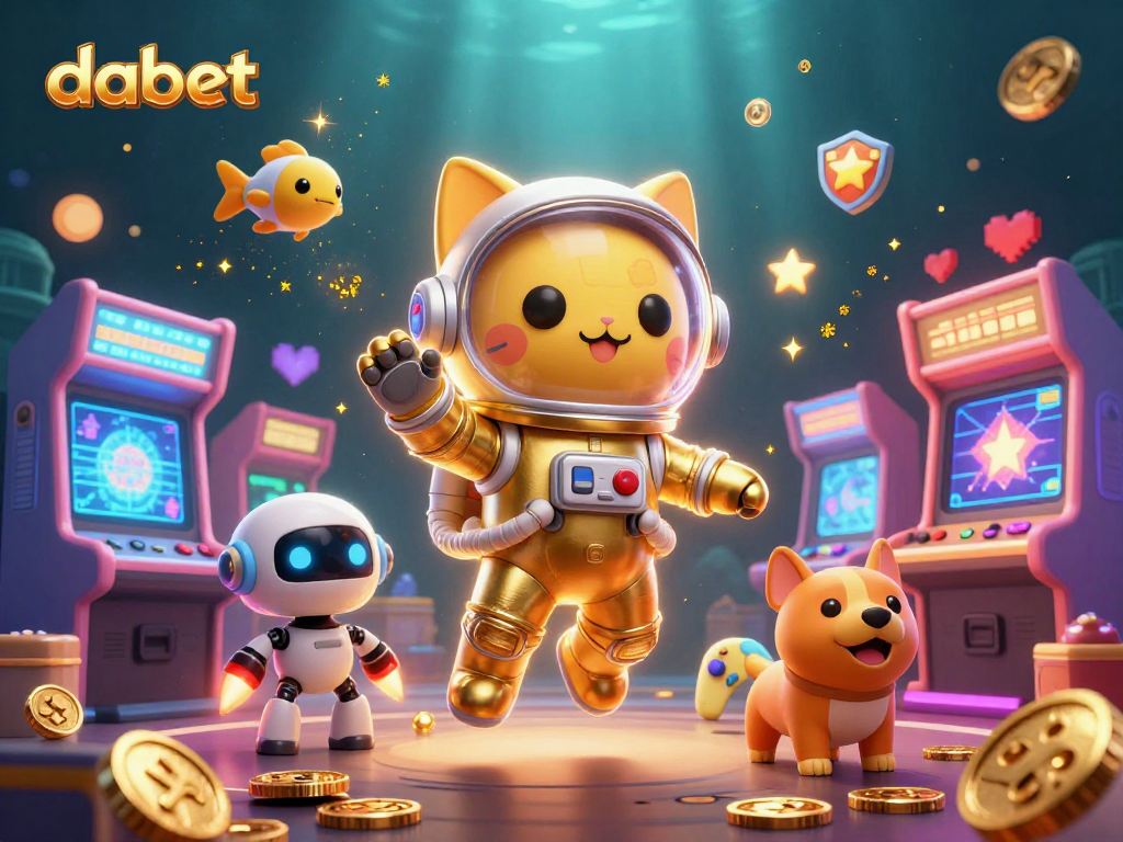 Engage with dabet's vibrant gaming scene featuring a space cat and robot dog surrounded by colorful arcade elements.