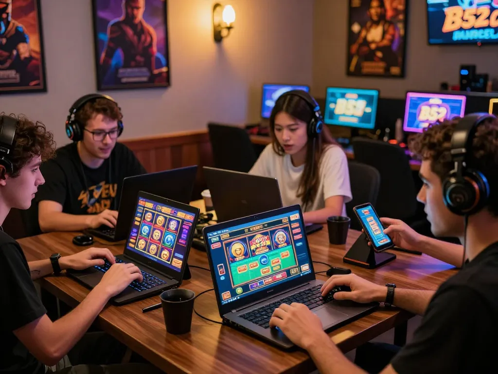 Players enjoying tai b52club gaming on multiple devices in a lively atmosphere.
