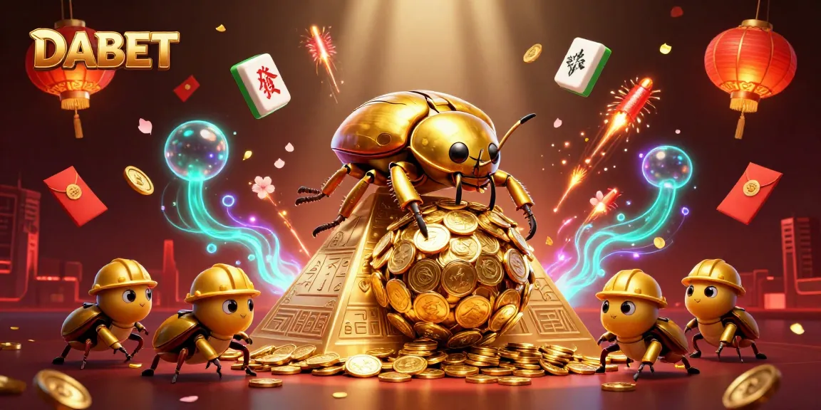 DABET showcases an epic casino adventure with golden beetles and vibrant symbols amid dynamic fireworks.