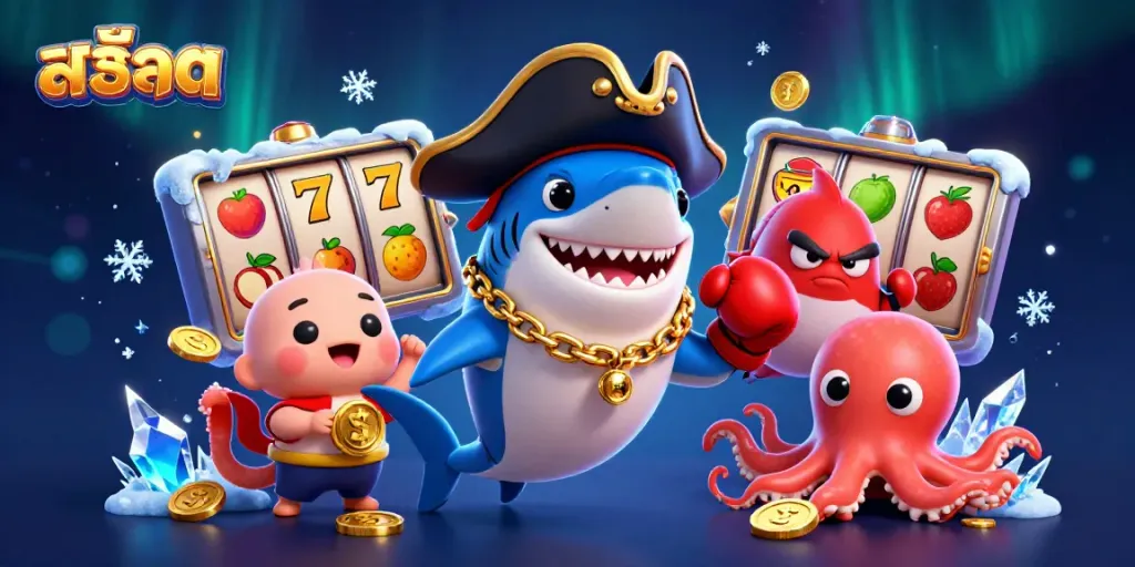 Experience the thrill of สล็อต with pirate shark and friends in a vibrant gambling scene.