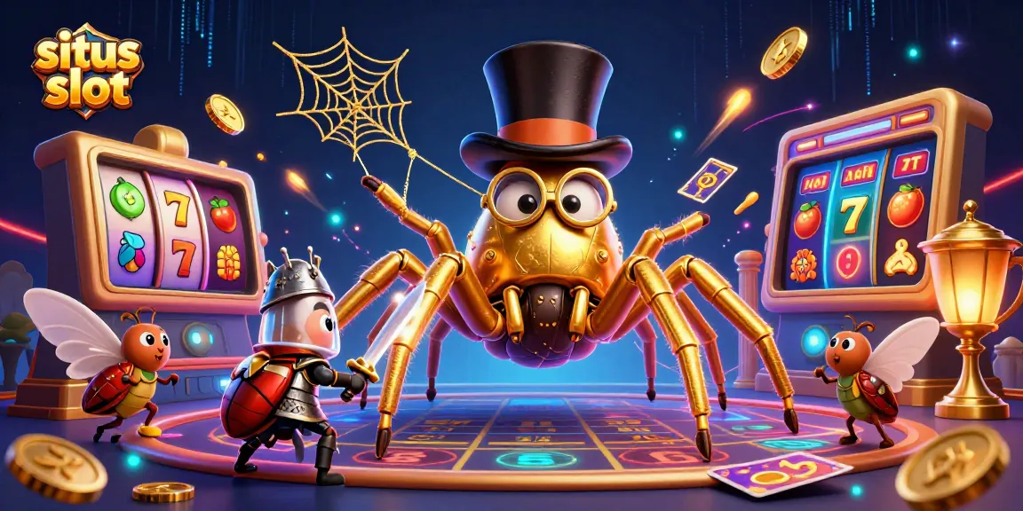 Experience thrilling moments with situs slot featuring a golden spider and a brave beetle in a rich casino scene.
