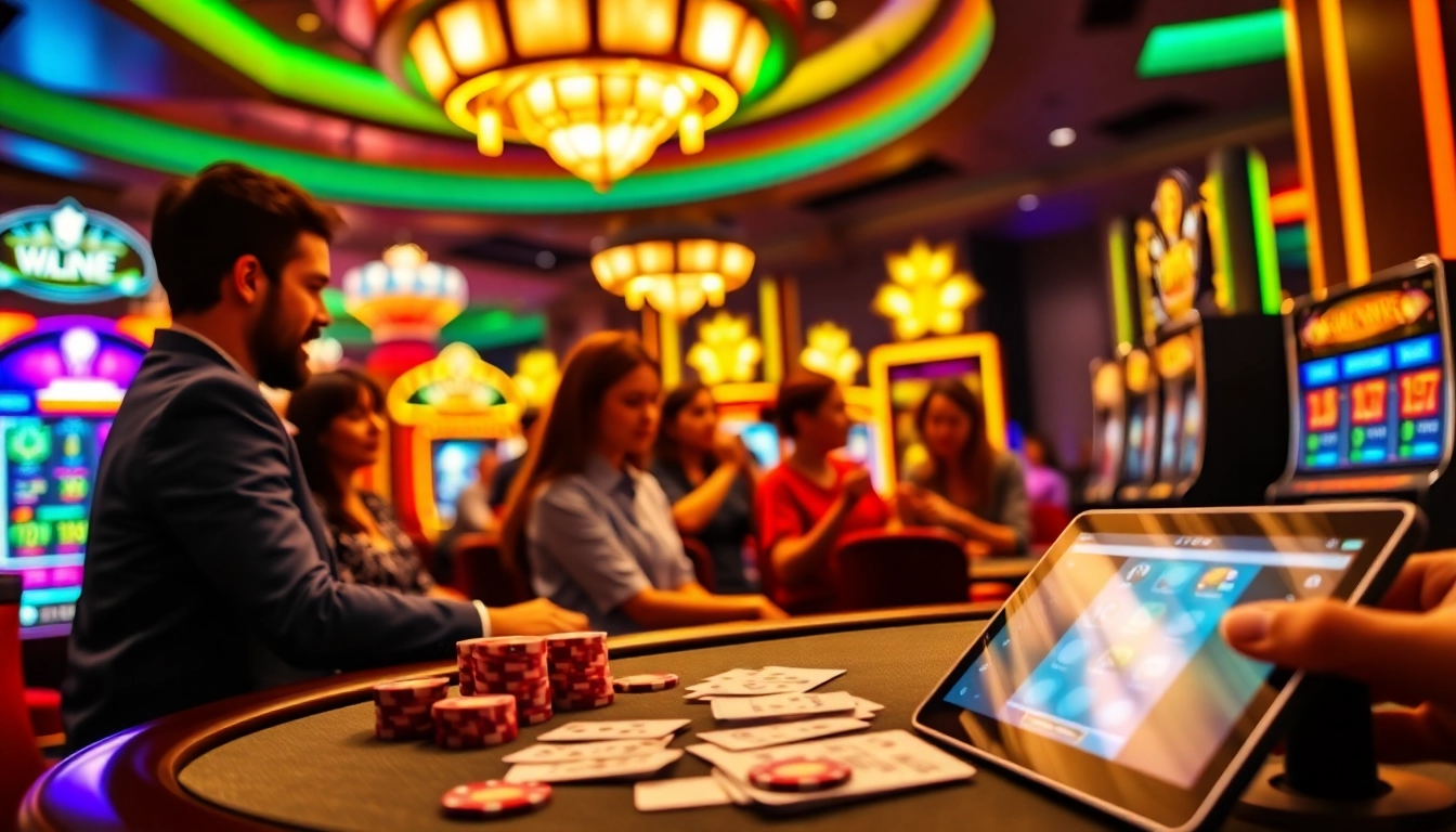 Experience excitement with bro138 login as players engage with vibrant slot machines and betting slips.