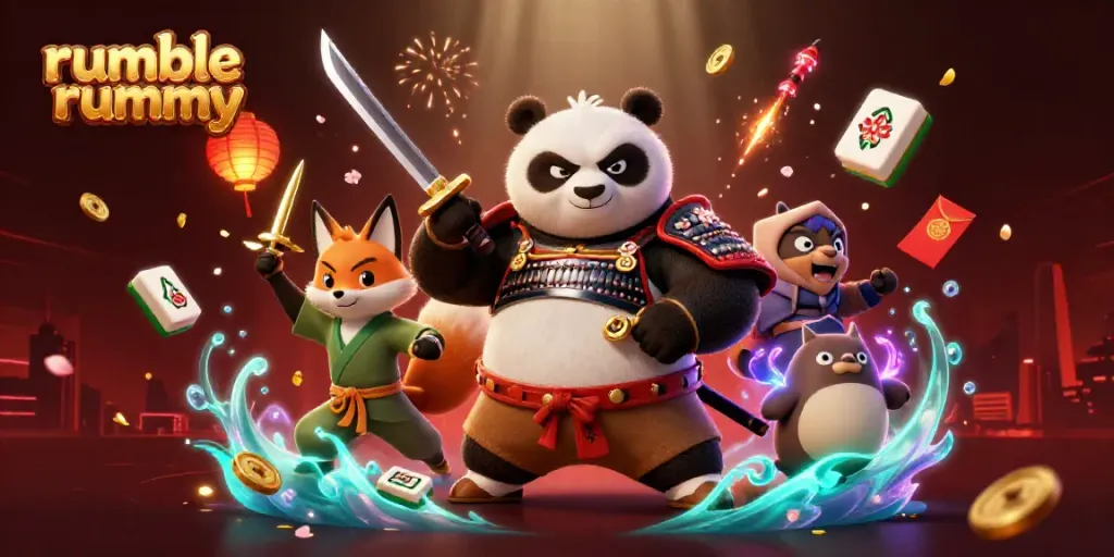 Experience thrilling rummy action with vibrant characters and festive elements in this Rumble Rummy illustration.
