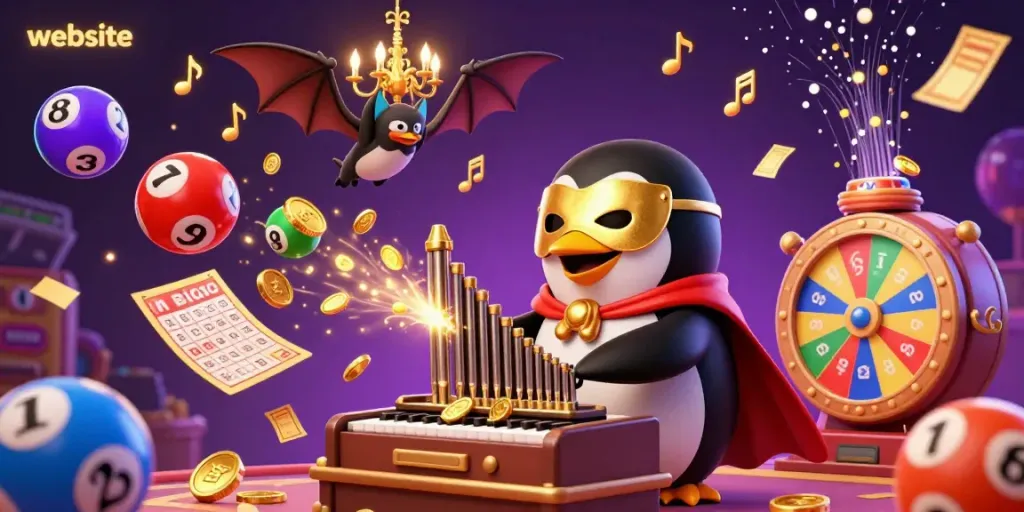Menangkan jackpot di website dengan permainan slot berwarna-warni dan karakter unik dalam ilustrasi kasino.