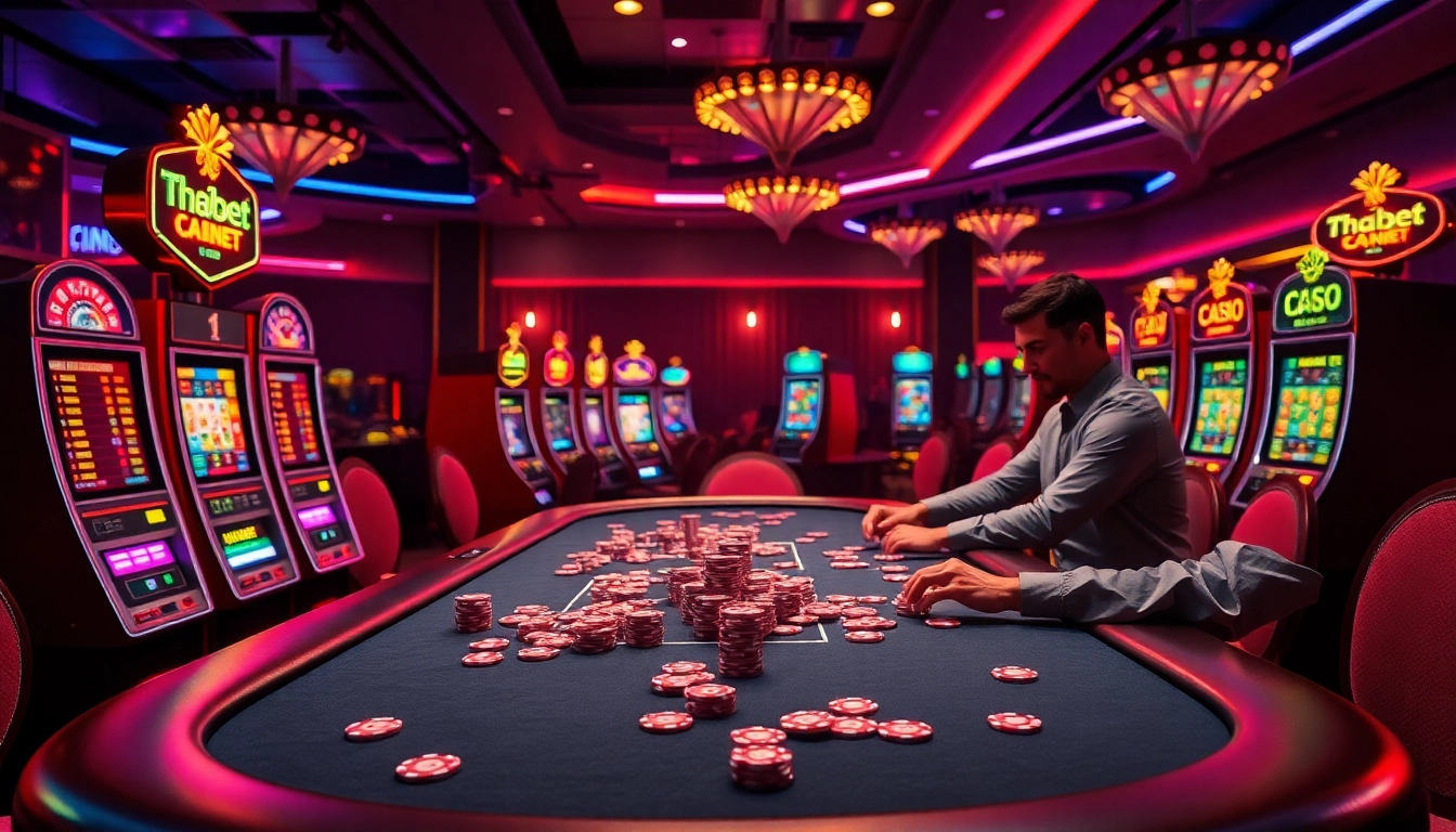 Experience the thrill of provably fair gambling at Thabet's vibrant casino scene with players at poker tables.