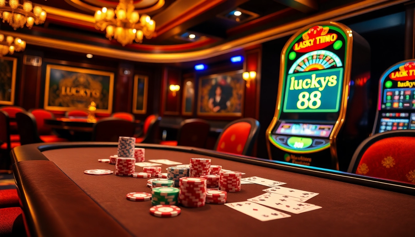 Experience thrilling action at the lucky88 casino table with vibrant chips and cards.