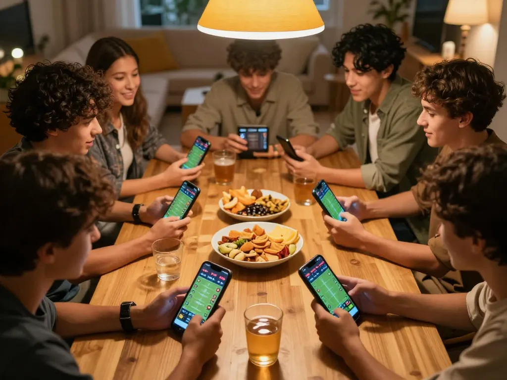Engaged friends analyzing tỷ lệ kèo trực tuyến during a lively home sports betting night with smartphones and snacks.