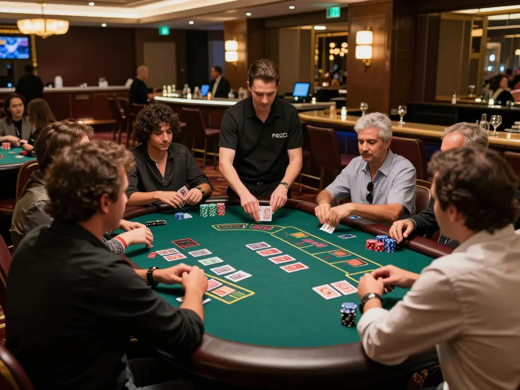Players strategizing in hitclub blackjack game with chips and cards in an elegant casino.