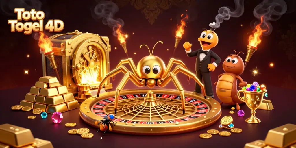 Participate in Toto Togel 4D with vibrant colors and a casino atmosphere featuring a spider and a fly.